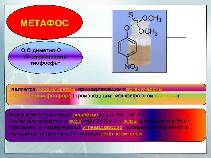 МЕТАФОС О, О-диметил-О(4 -нитрофенил)тиофосфат является ядохимикатом, принадлежащим корганическим соединениям фосфора (производным тиофосфорной кислоты). белое