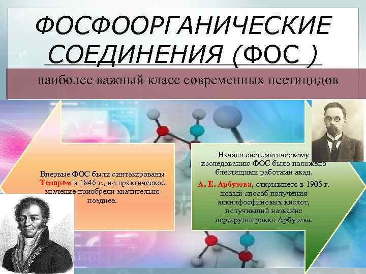 ФОСФООРГАНИЧЕСКИЕ СОЕДИНЕНИЯ (ФОС ) наиболее важный класс современных пестицидов Впервые ФОС были синтезированы Тенаром
