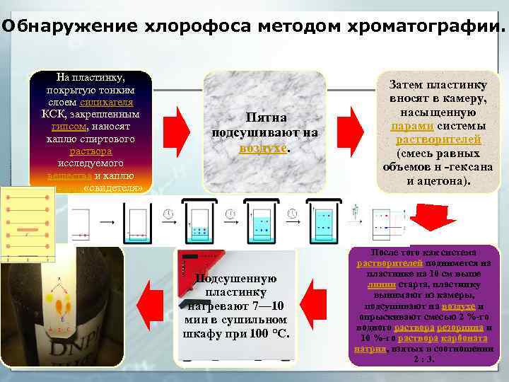 Обнаружение хлорофоса методом хроматографии. На пластинку, покрытую тонким слоем силикагеля КСК, закрепленным гипсом, наносят