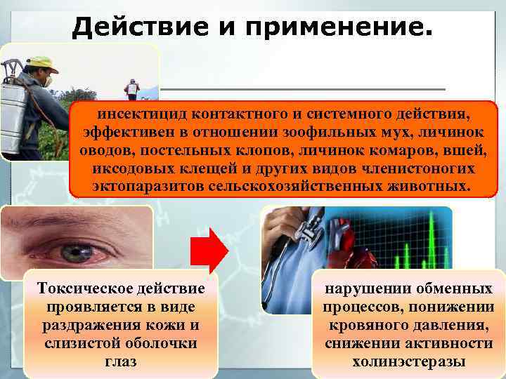 Действие и применение. инсектицид контактного и системного действия, эффективен в отношении зоофильных мух, личинок