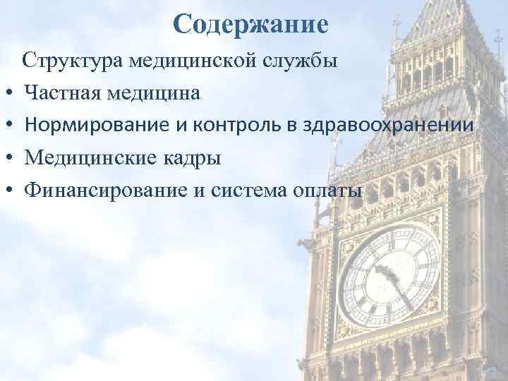 Содержание • • Структура медицинской службы Частная медицина Нормирование и контроль в здравоохранении Медицинские