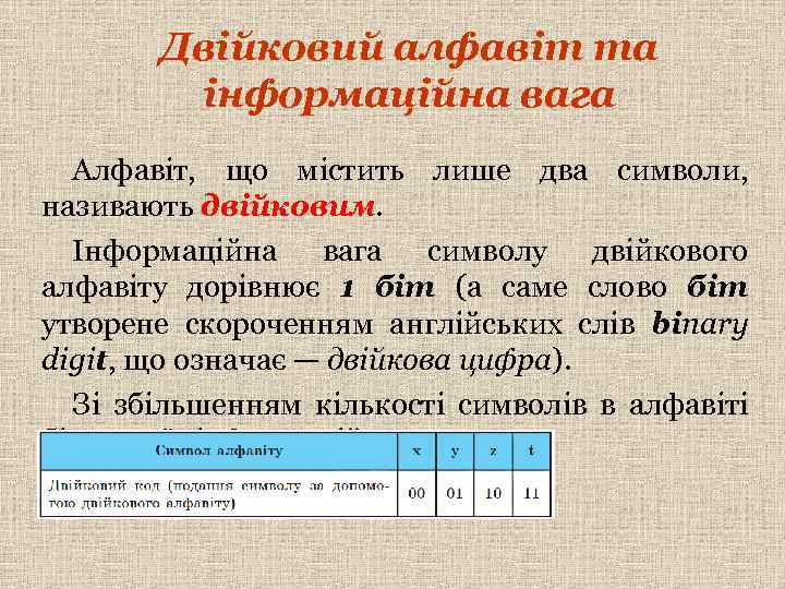 Двійковий алфавіт та інформаційна вага Алфавіт, що містить лише два символи, називають двійковим. Інформаційна