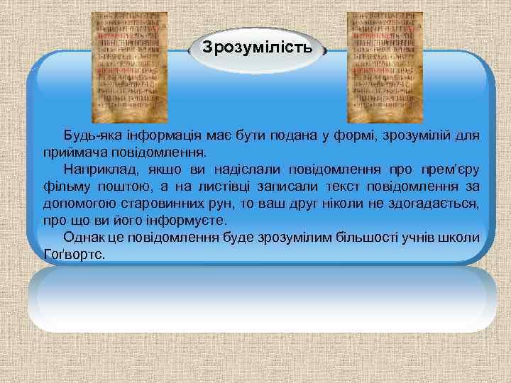 Зрозумілість Будь-яка інформація має бути подана у формі, зрозумілій для приймача повідомлення. Наприклад, якщо