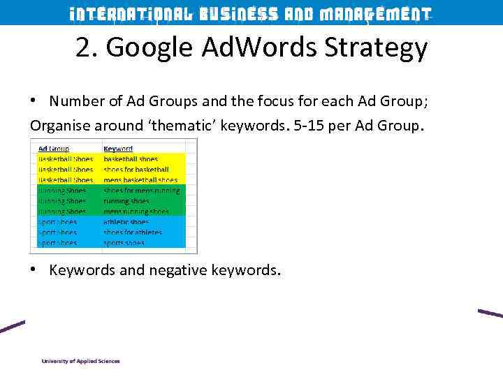 2. Google Ad. Words Strategy • Number of Ad Groups and the focus for