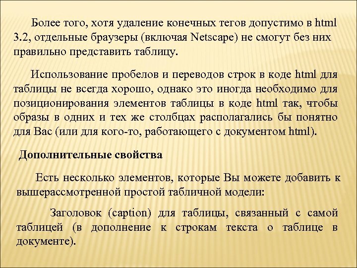 Более того, хотя удаление конечных тегов допустимо в html 3. 2, отдельные браузеры (включая