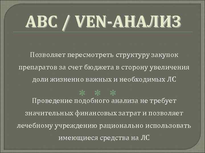 Суть абс. ABC анализ позволяет. ABC ven анализ. Ven анализ позволяет. Примеры ФИС мут анализа.