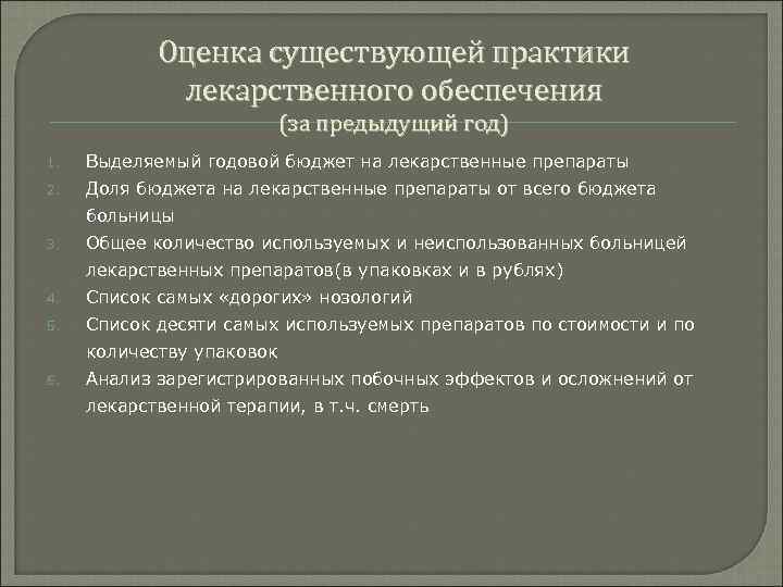 Оценка существующей практики лекарственного обеспечения (за предыдущий год) 1. Выделяемый годовой бюджет на лекарственные