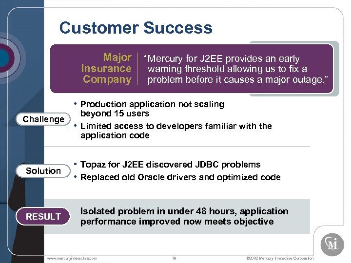 Customer Success Major Insurance Company “ Mercury for J 2 EE provides an early