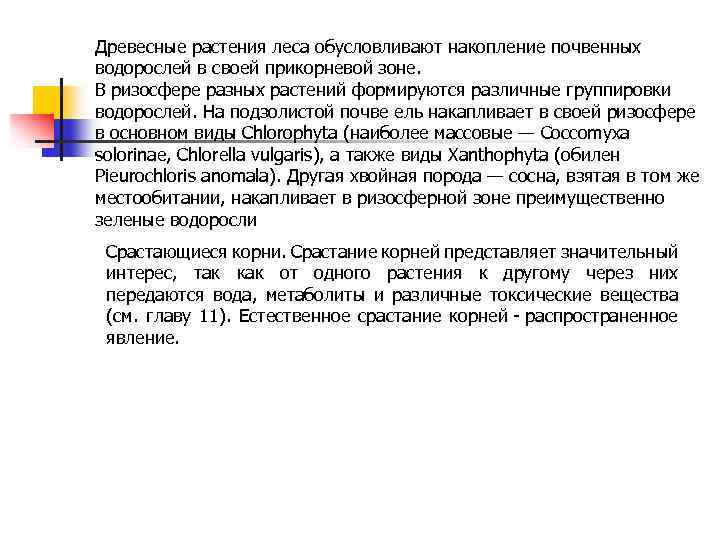 Древесные растения леса обусловливают накопление почвенных водорослей в своей прикорневой зоне. В ризосфере разных