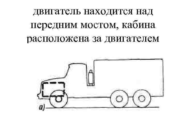 двигатель находится над передним мостом, кабина расположена за двигателем 