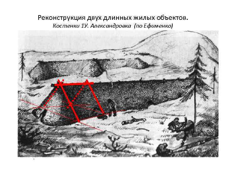 Реконструкция двух длинных жилых объектов. Костенки 1 У. Александровка (по Ефименко) 