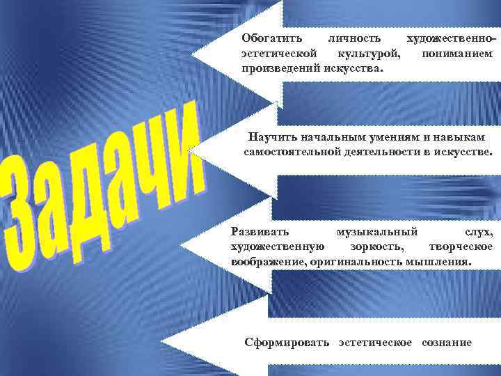Обогатить личность художественноэстетической культурой, пониманием произведений искусства. Научить начальным умениям и навыкам самостоятельной деятельности