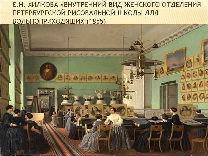 Е. Н. ХИЛКОВА «ВНУТРЕННИЙ ВИД ЖЕНСКОГО ОТДЕЛЕНИЯ ПЕТЕРБУРГСКОЙ РИСОВАЛЬНОЙ ШКОЛЫ ДЛЯ ВОЛЬНОПРИХОДЯЩИХ (1855) 