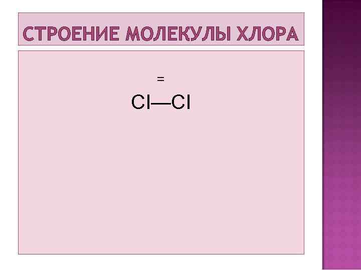 СТРОЕНИЕ МОЛЕКУЛЫ ХЛОРА = CI—CI 