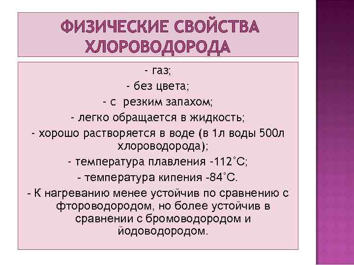 ФИЗИЧЕСКИЕ СВОЙСТВА ХЛОРОВОДОРОДА - газ; - без цвета; - с резким запахом; - легко