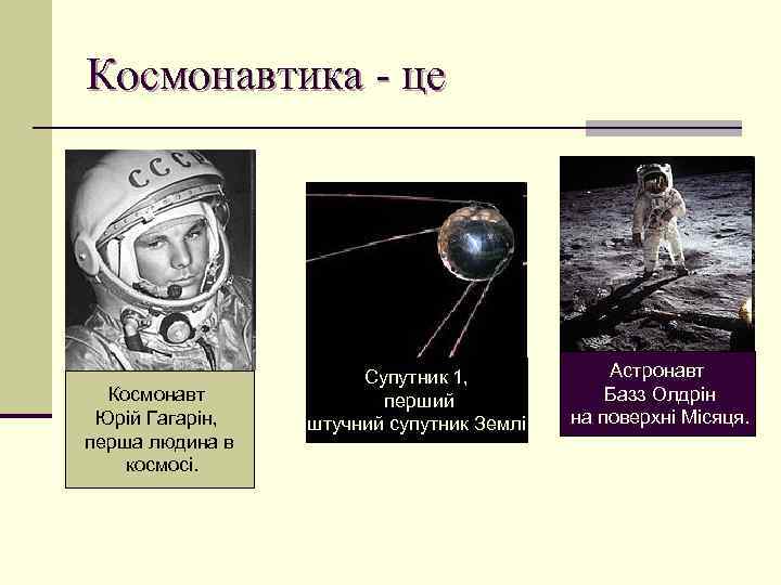 Космонавтика - це Космонавт Юрій Гагарін, перша людина в космосі. Супутник 1, перший штучний