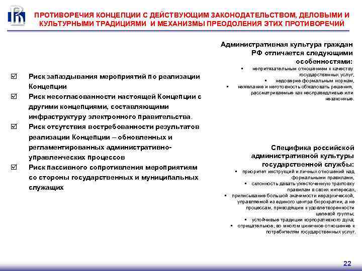 ПРОТИВОРЕЧИЯ КОНЦЕПЦИИ С ДЕЙСТВУЮЩИМ ЗАКОНОДАТЕЛЬСТВОМ, ДЕЛОВЫМИ И КУЛЬТУРНЫМИ ТРАДИЦИЯМИ И МЕХАНИЗМЫ ПРЕОДОЛЕНИЯ ЭТИХ ПРОТИВОРЕЧИЙ