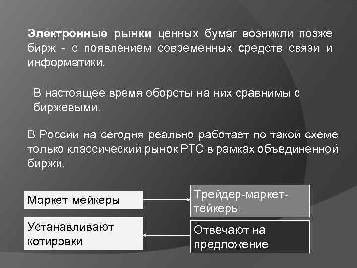 Электронные рынки ценных бумаг возникли позже бирж - с появлением современных средств связи и