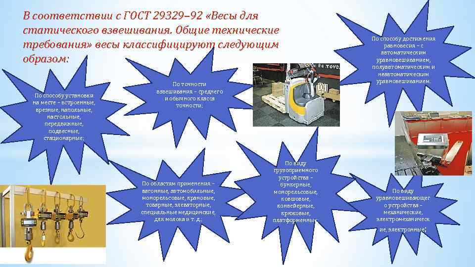 В соответствии с ГОСТ 29329– 92 «Весы для статического взвешивания. Общие технические требования» весы