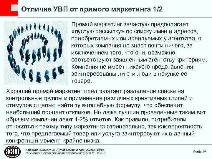 Отличие УВП от прямого маркетинга 1/2 Прямой маркетинг зачастую предполагает «пустую рассылку» по списку