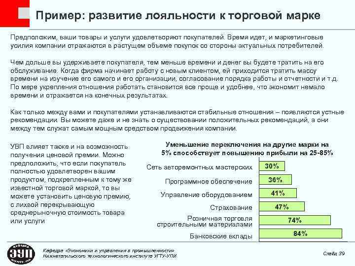 Пример: развитие лояльности к торговой марке Предположим, ваши товары и услуги удовлетворяют покупателей. Время