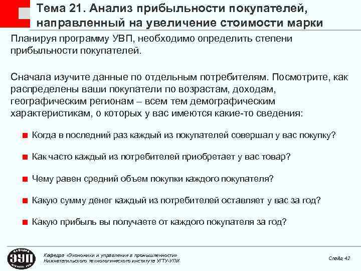 Тема 21. Анализ прибыльности покупателей, направленный на увеличение стоимости марки Планируя программу УВП, необходимо