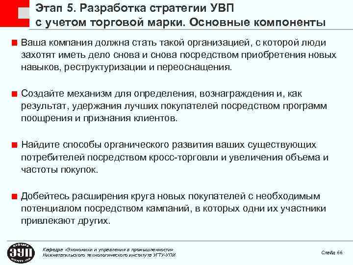 Этап 5. Разработка стратегии УВП с учетом торговой марки. Основные компоненты Ваша компания должна