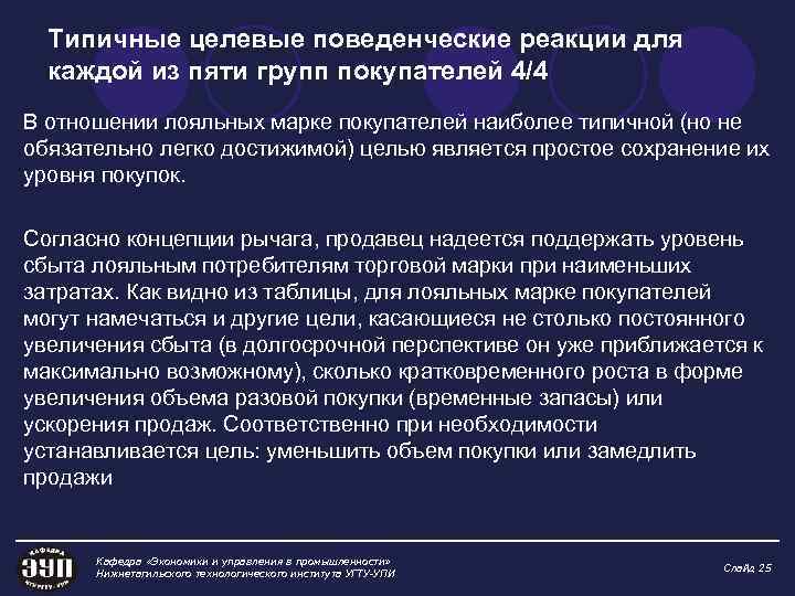 Типичные целевые поведенческие реакции для каждой из пяти групп покупателей 4/4 В отношении лояльных