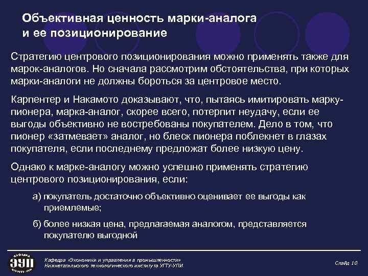 Объективная ценность марки-аналога и ее позиционирование Стратегию центрового позиционирования можно применять также для марок-аналогов.