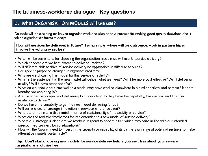 The business-workforce dialogue: Key questions D. What ORGANISATION MODELS will we use? Councils will