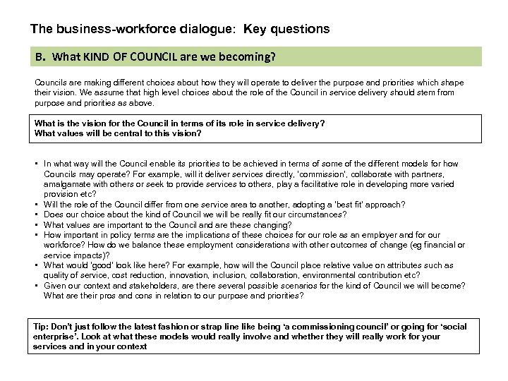 The business-workforce dialogue: Key questions B. What KIND OF COUNCIL are we becoming? Councils
