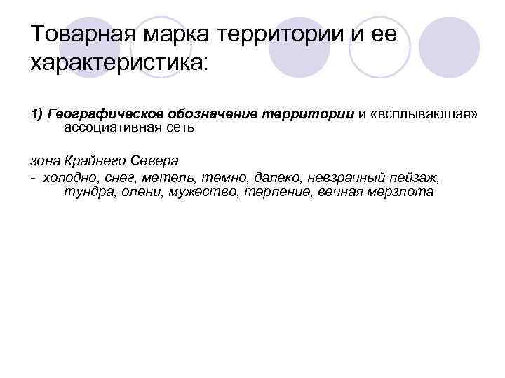 Товарная марка территории и ее характеристика: 1) Географическое обозначение территории и «всплывающая» ассоциативная сеть