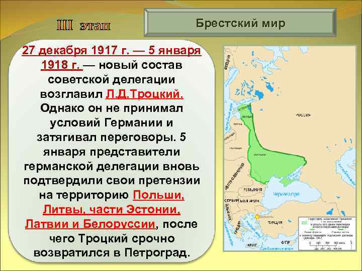 III этап Брестский мир 27 декабря 1917 г. — 5 января 1918 г. —