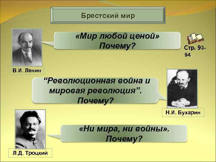 Брестский мир «Мир любой ценой» Почему? Стр. 9394 В. И. Ленин “Революционная война и