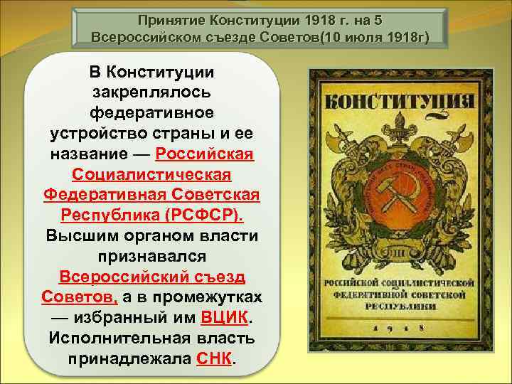 Принятие Конституции 1918 г. на 5 Всероссийском съезде Советов(10 июля 1918 г) Главным итогом