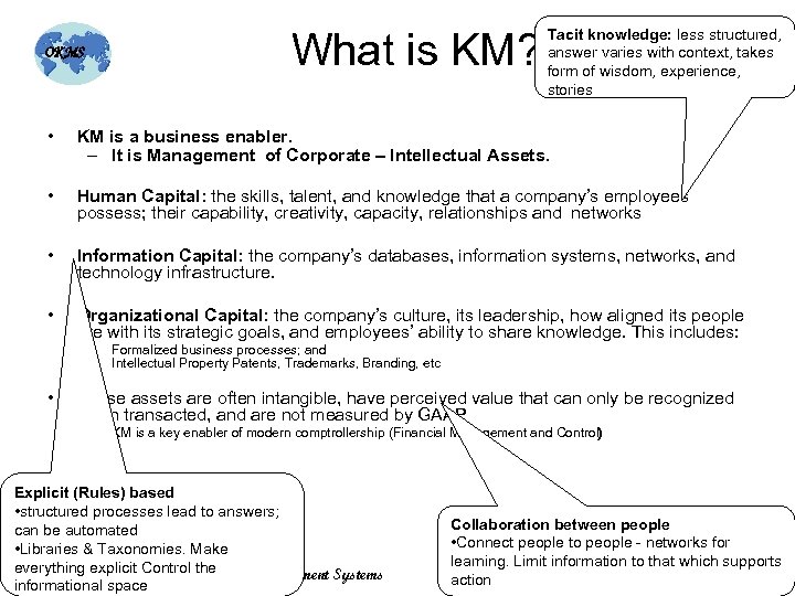 What is KM? OKMS Tacit knowledge: less structured, answer varies with context, takes form