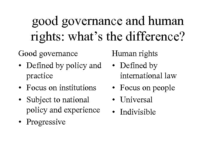 good governance and human rights: what’s the difference? Good governance • Defined by policy