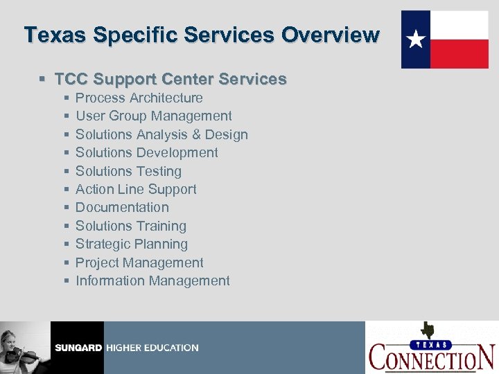 Texas Specific Services Overview § TCC Support Center Services § § § Process Architecture