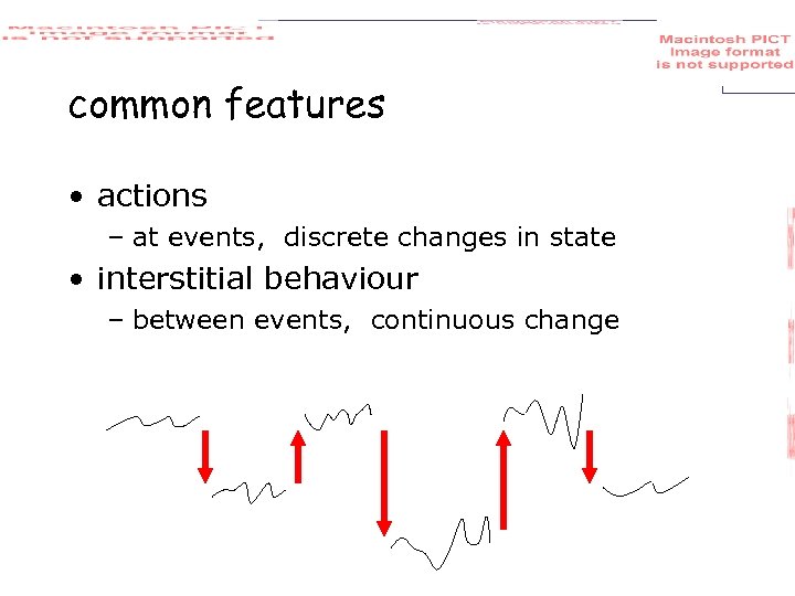 common features • actions – at events, discrete changes in state • interstitial behaviour