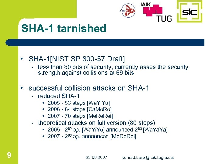 SHA-1 tarnished • SHA-1[NIST SP 800 -57 Draft] - less than 80 bits of