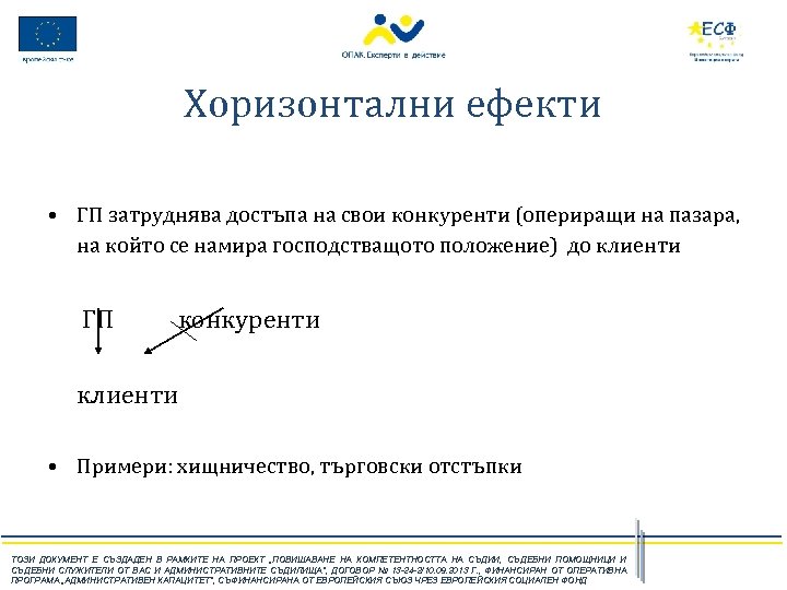 Хоризонтални ефекти • ГП затруднява достъпа на свои конкуренти (опериращи на пазара, на който