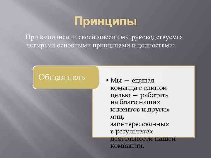 Принципы При выполнении своей миссии мы руководствуемся четырьмя основными принципами и ценностями: Общая цель