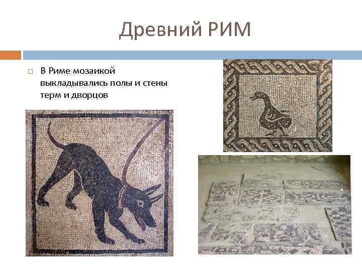 Древний РИМ В Риме мозаикой выкладывались полы и стены терм и дворцов 