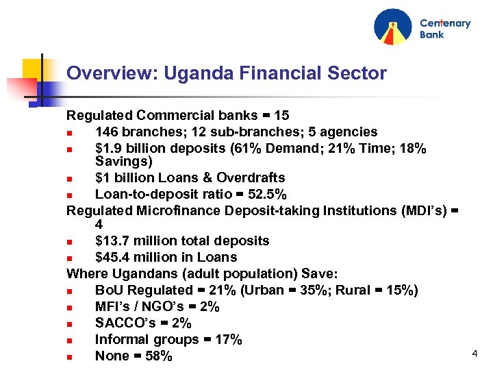 Overview: Uganda Financial Sector Regulated Commercial banks = 15 n 146 branches; 12 sub-branches;