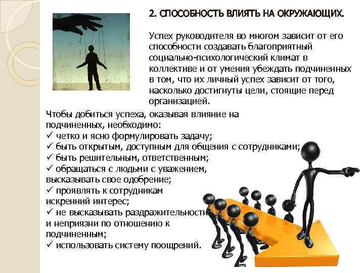 2. СПОСОБНОСТЬ ВЛИЯТЬ НА ОКРУЖАЮЩИХ. Успех руководителя во многом зависит от его способности создавать