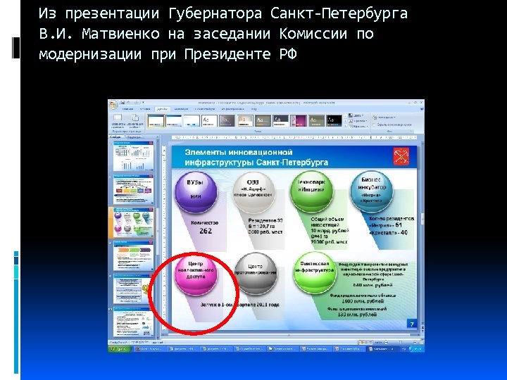 Из презентации Губернатора Санкт-Петербурга В. И. Матвиенко на заседании Комиссии по модернизации при Президенте