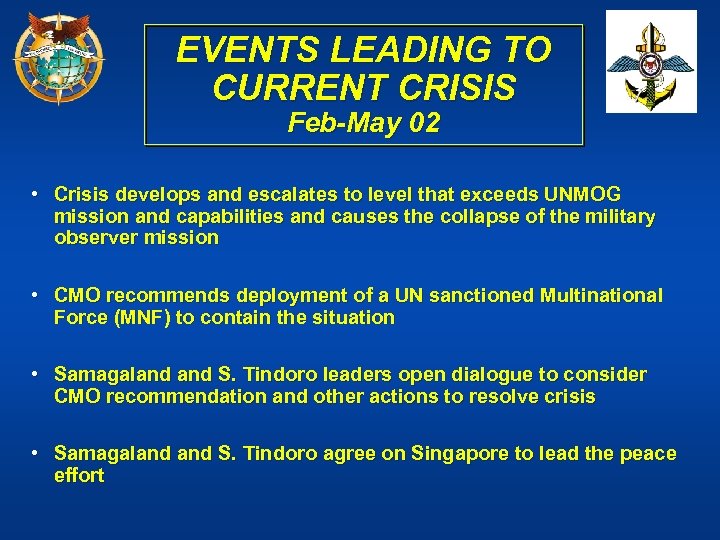 EVENTS LEADING TO CURRENT CRISIS Feb-May 02 • Crisis develops and escalates to level