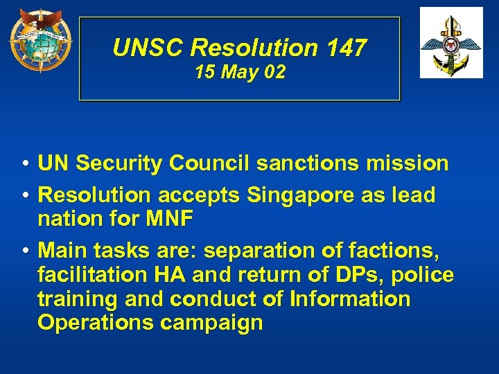 UNSC Resolution 147 15 May 02 • UN Security Council sanctions mission • Resolution