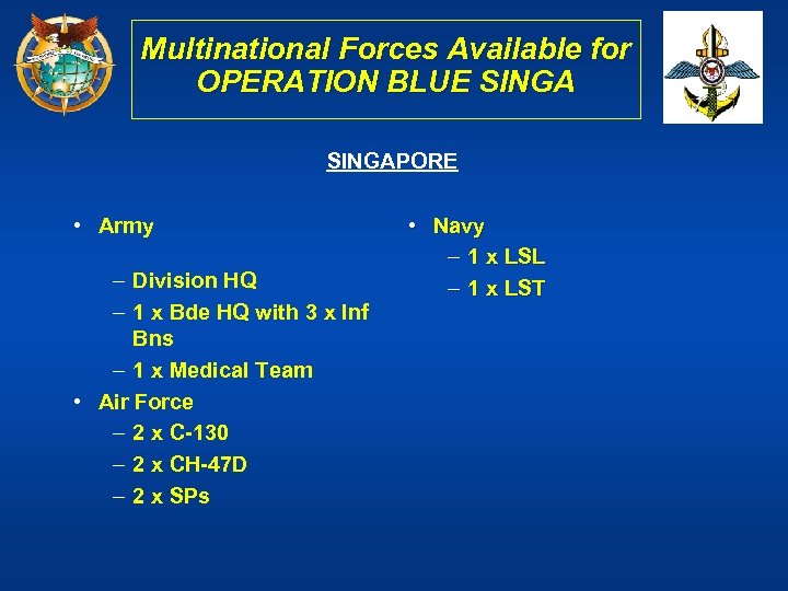 Multinational Forces Available for OPERATION BLUE SINGAPORE • Army – Division HQ – 1