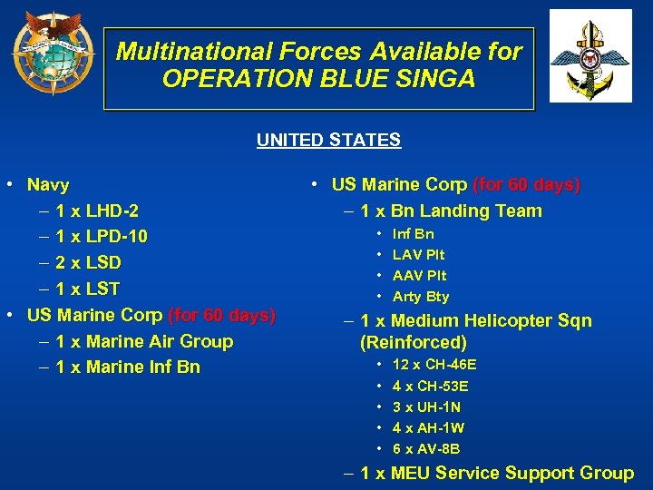 Multinational Forces Available for OPERATION BLUE SINGA UNITED STATES • Navy – 1 x